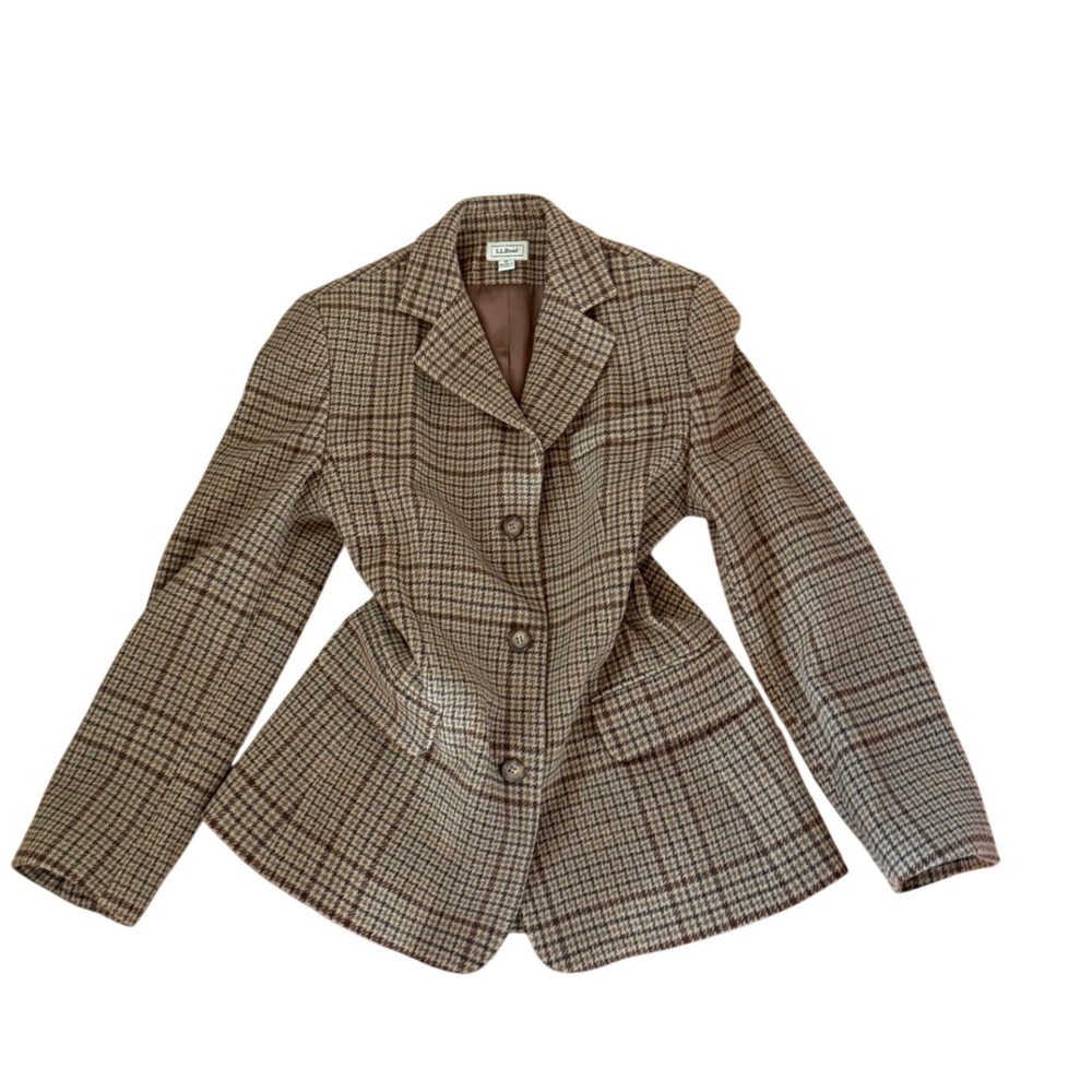 LL‎ Bean Brown Plaid Wool Blend Blazer Jacket Womens 6P Petite Academic Classic